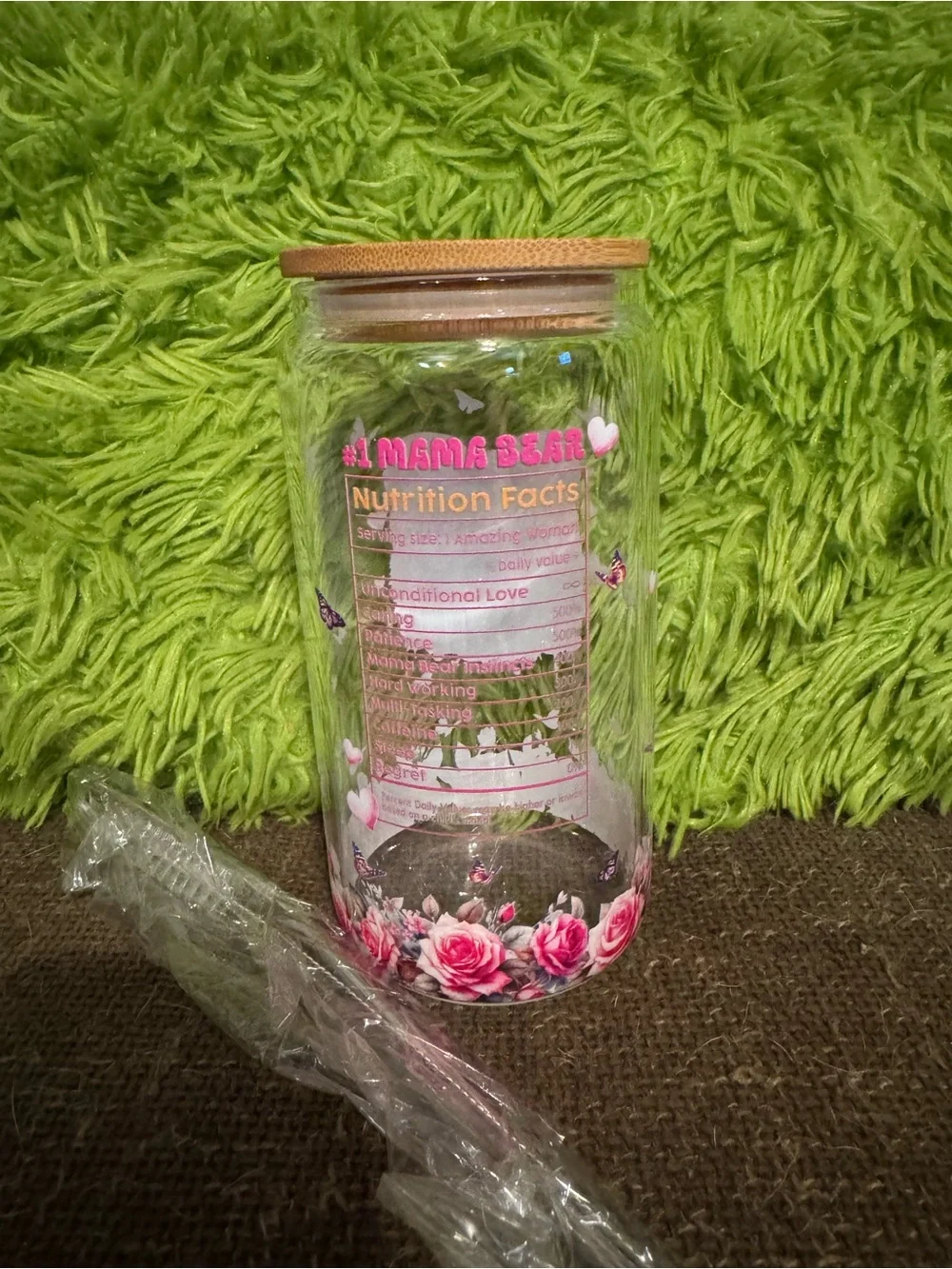 Floral Mama Bear Glass Tumbler with Bamboo Lid & Straw Pink Accents New In Box